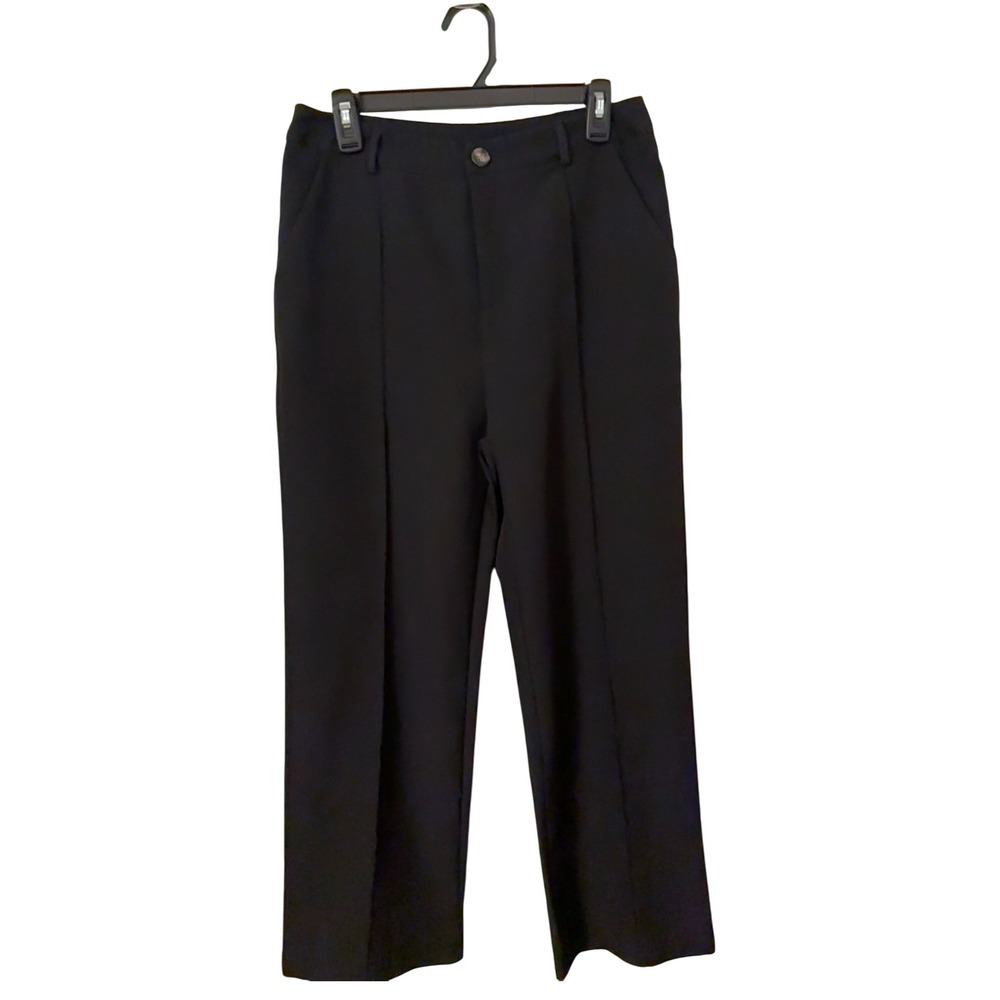 Nice! Black Cropped Trousers Womens Large Pleated Wide Leg Career Casual